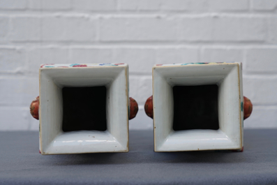 A pair of square Chinese famille rose vases, 19th C.